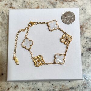 Gold Four Leaf Clover Bracelet, Mother of Pearl